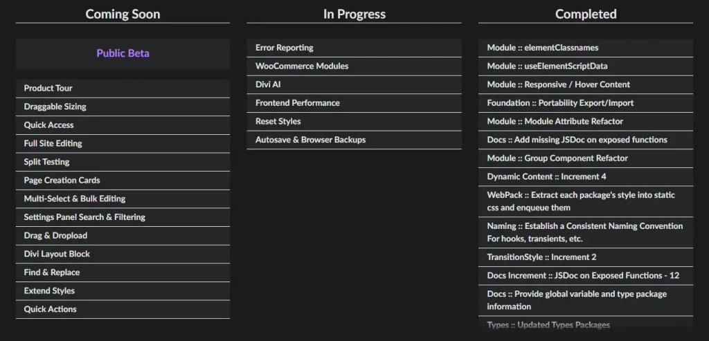 Table showing an overview of the Divi 5 progress - coming soon, in progress, and completed tasks